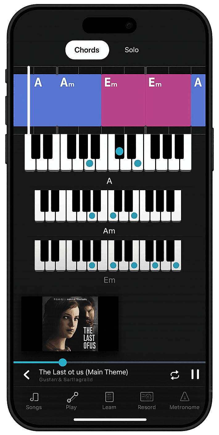 Rechords piano chord gameplay showing interactive keyboards with highlighted keys for A, Am, and Em chords