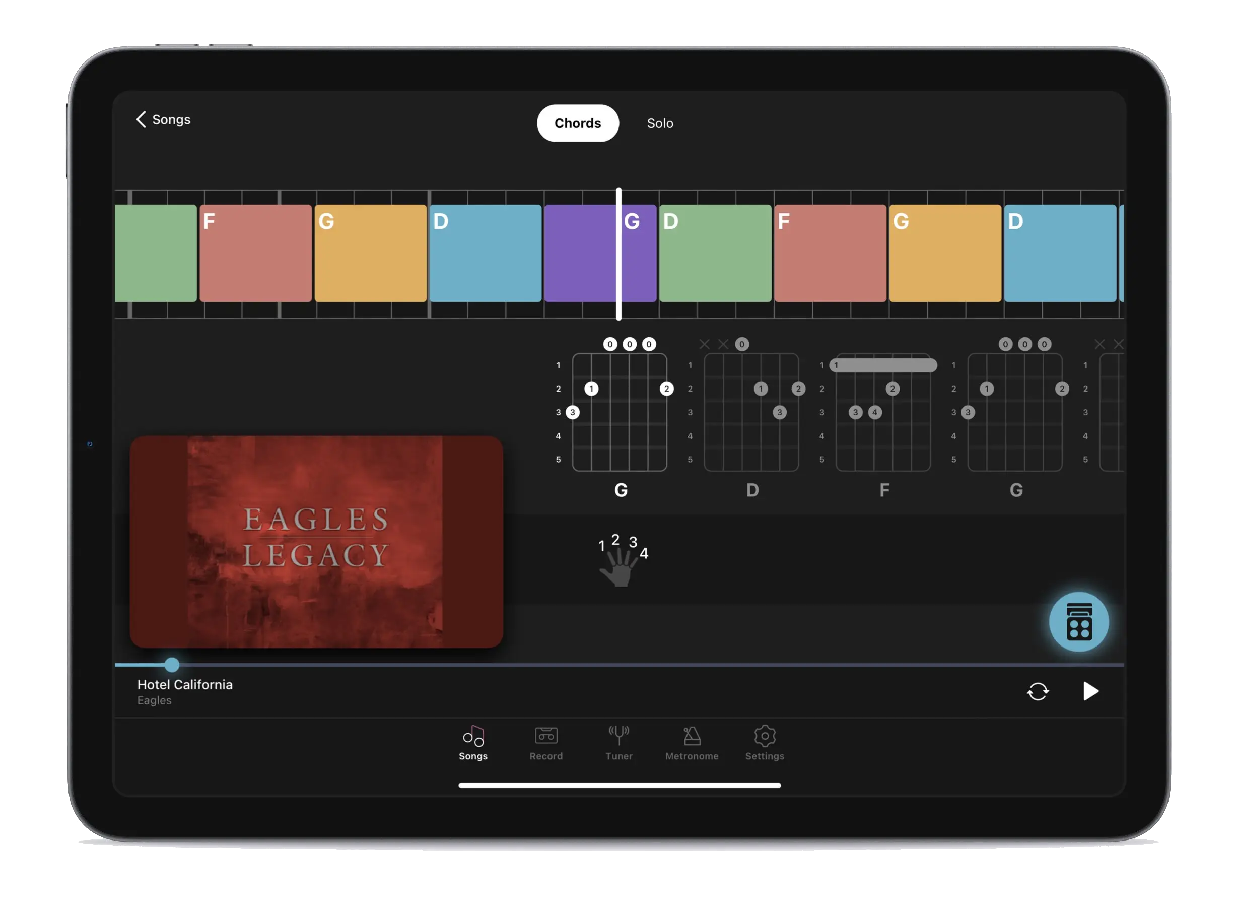 Rechords chord mode with color-coded chord progressions on guitar