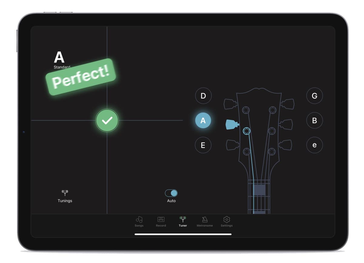 Guitar tuner interface showing perfect tuning