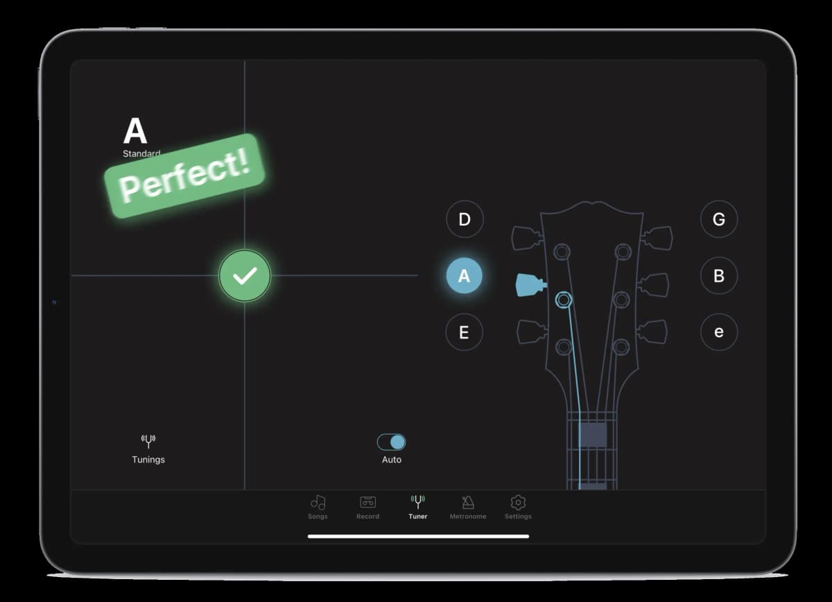 Guitar tuner interface showing perfect tuning