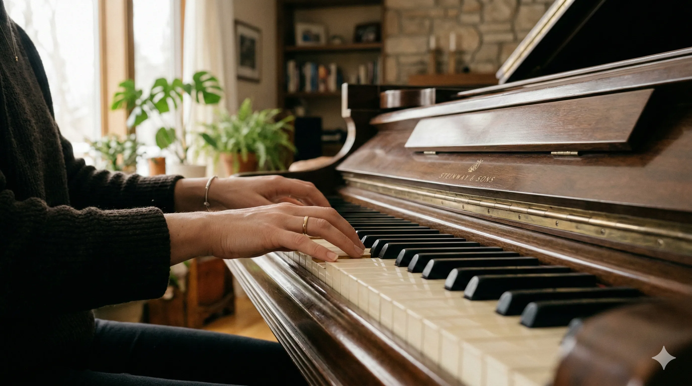 Hands gracefully positioned on a grand piano keyboard in warm, soft light