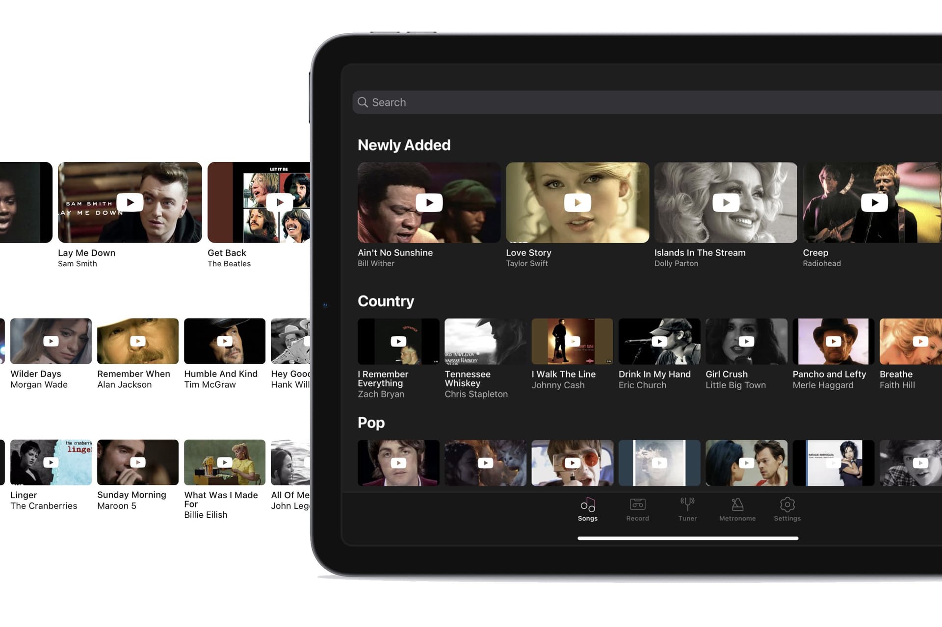 Rechords song library showing categorized songs across genres